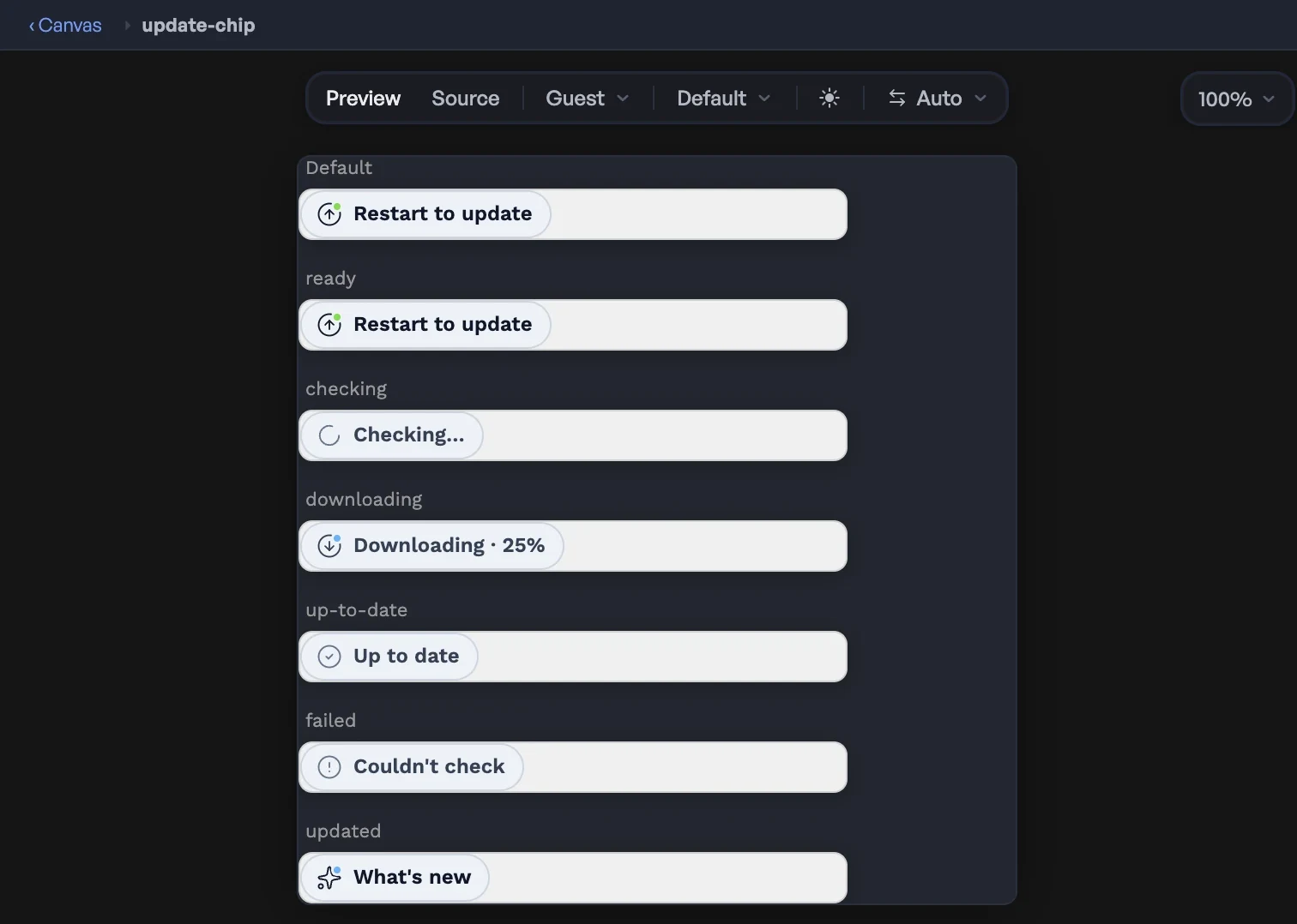 Airframe's component editor with All states open for update-chip, the update pill in Airframe's own title bar. Each declared state is drawn under its name: ready, “Restart to update”; checking, “Checking…”; downloading, “Downloading · 25%”; up-to-date, “Up to date”; failed, “Couldn't check”; and updated, “What's new”.