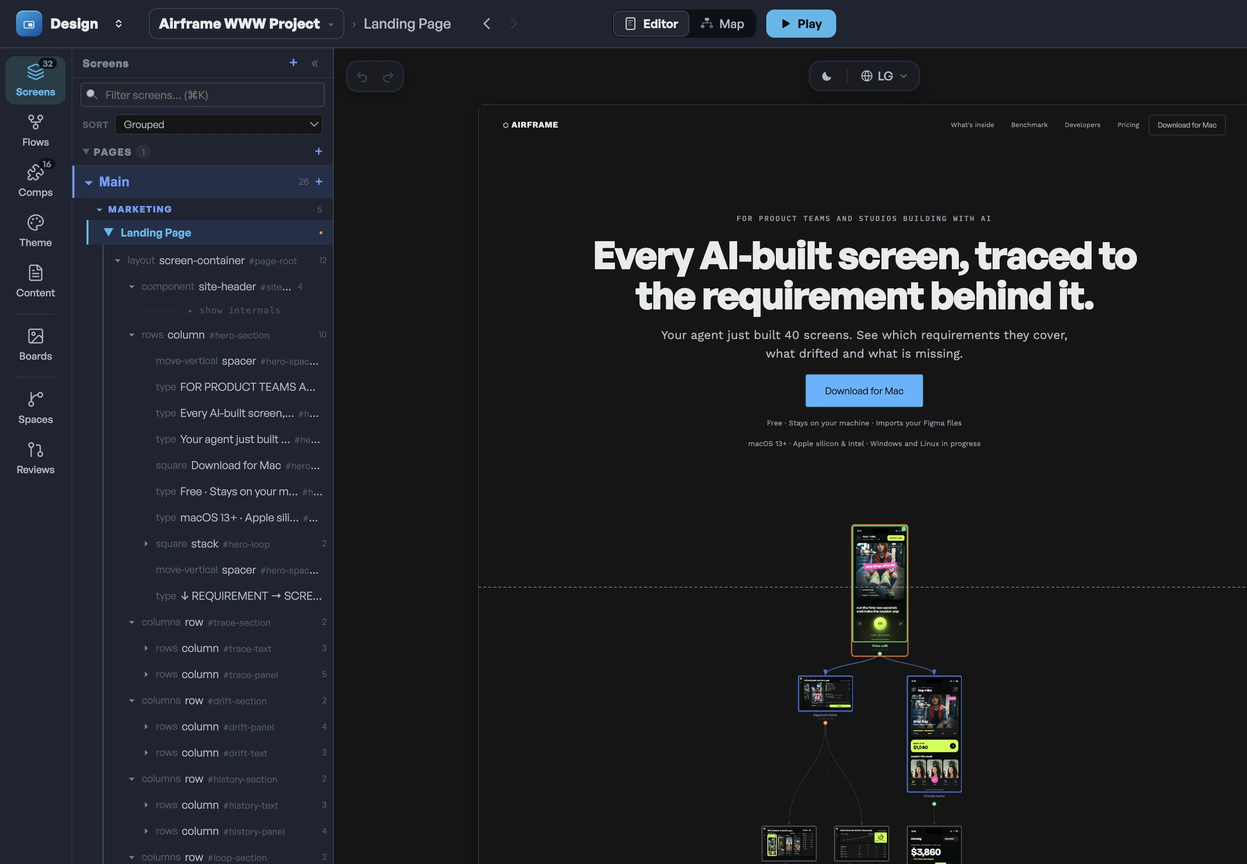 The Airframe editor with this site's home page open, in the project Airframe WWW Project: the page's layer tree beside its design, headed “Every AI-built screen, traced to the requirement behind it.”