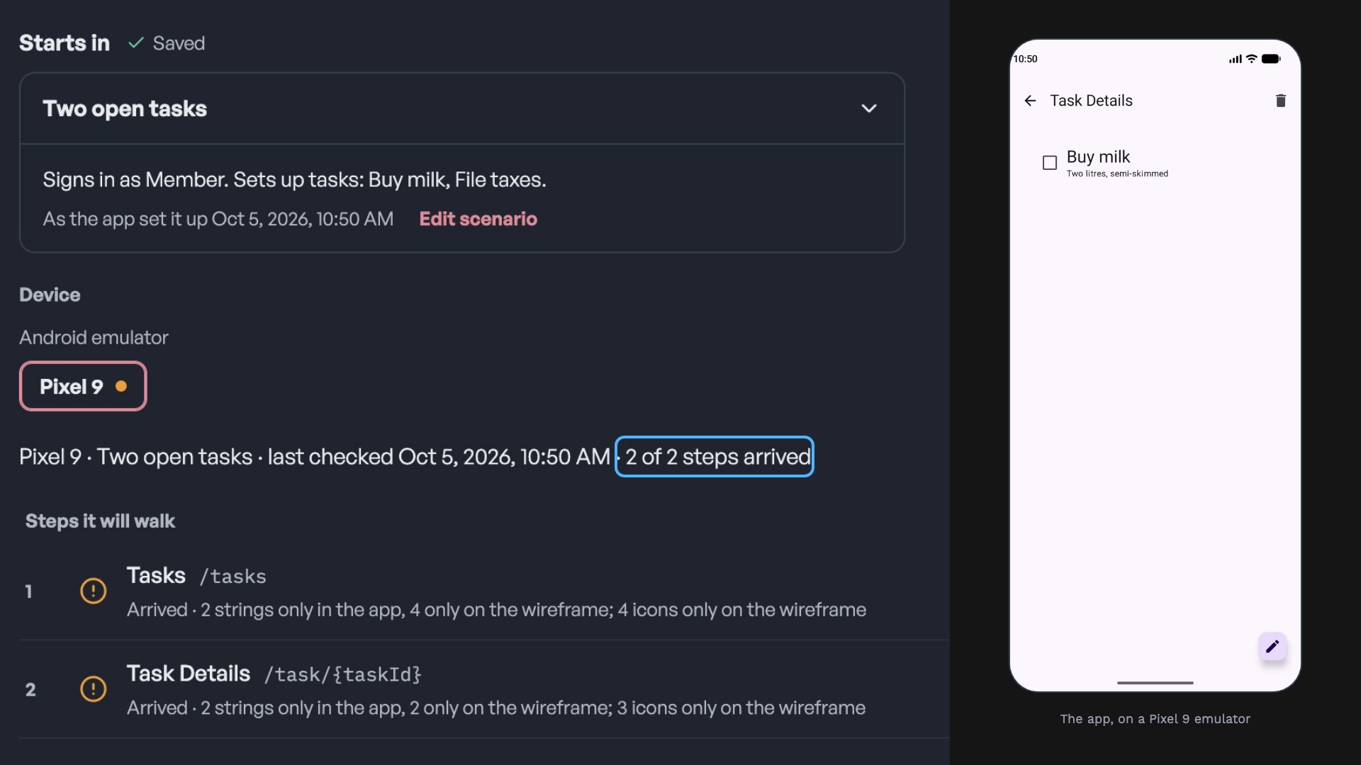 Airframe's Test area beside the Android emulator: the flow Todo: Open a task, started in Two open tasks, reads 2 of 2 steps arrived, and the phone shows the Task Details screen for Buy milk.